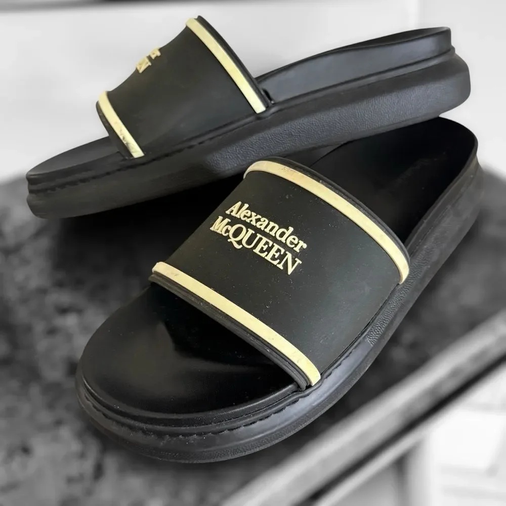 Alexander McQueen Black and Gold Slide Sandals